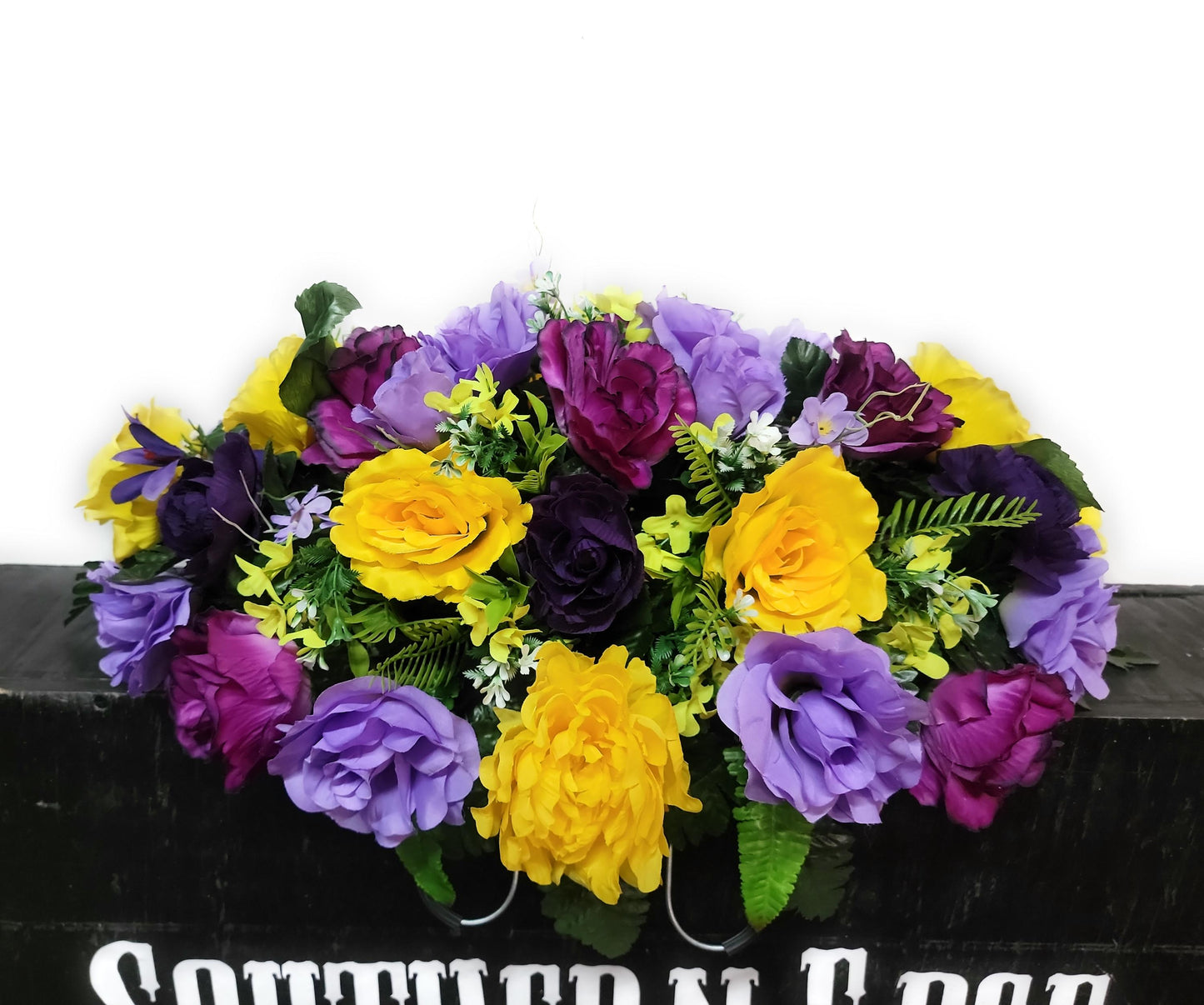 Cemetery Saddle by Southern Edge Style, Purple, lavender and yellow Cemetery Flowers for gravestone , Small headstone saddle flowers,