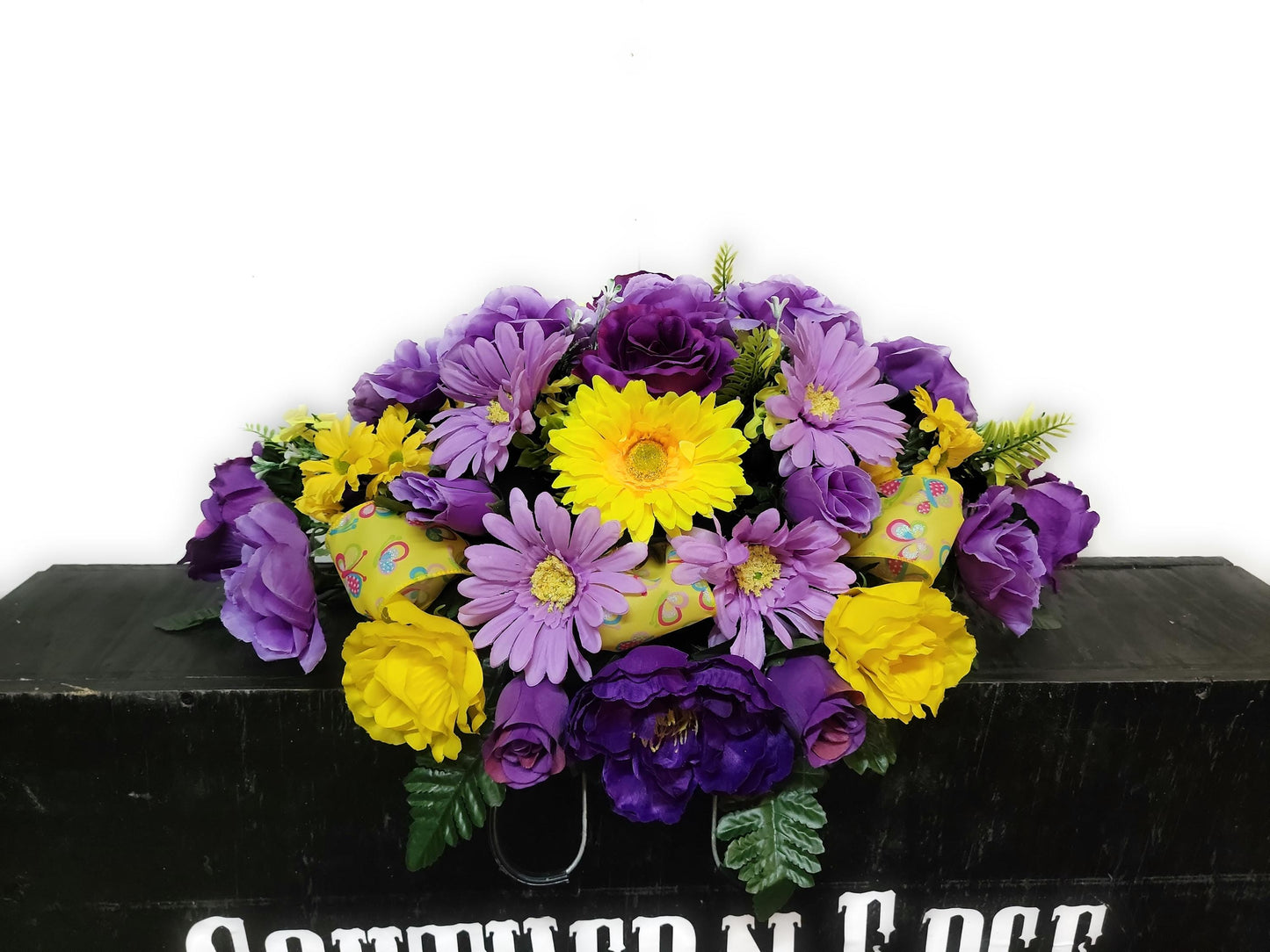 Small Cemetery Saddle by Southern Edge Style, Purple, lavender and yellow Cemetery Flowers for gravestone