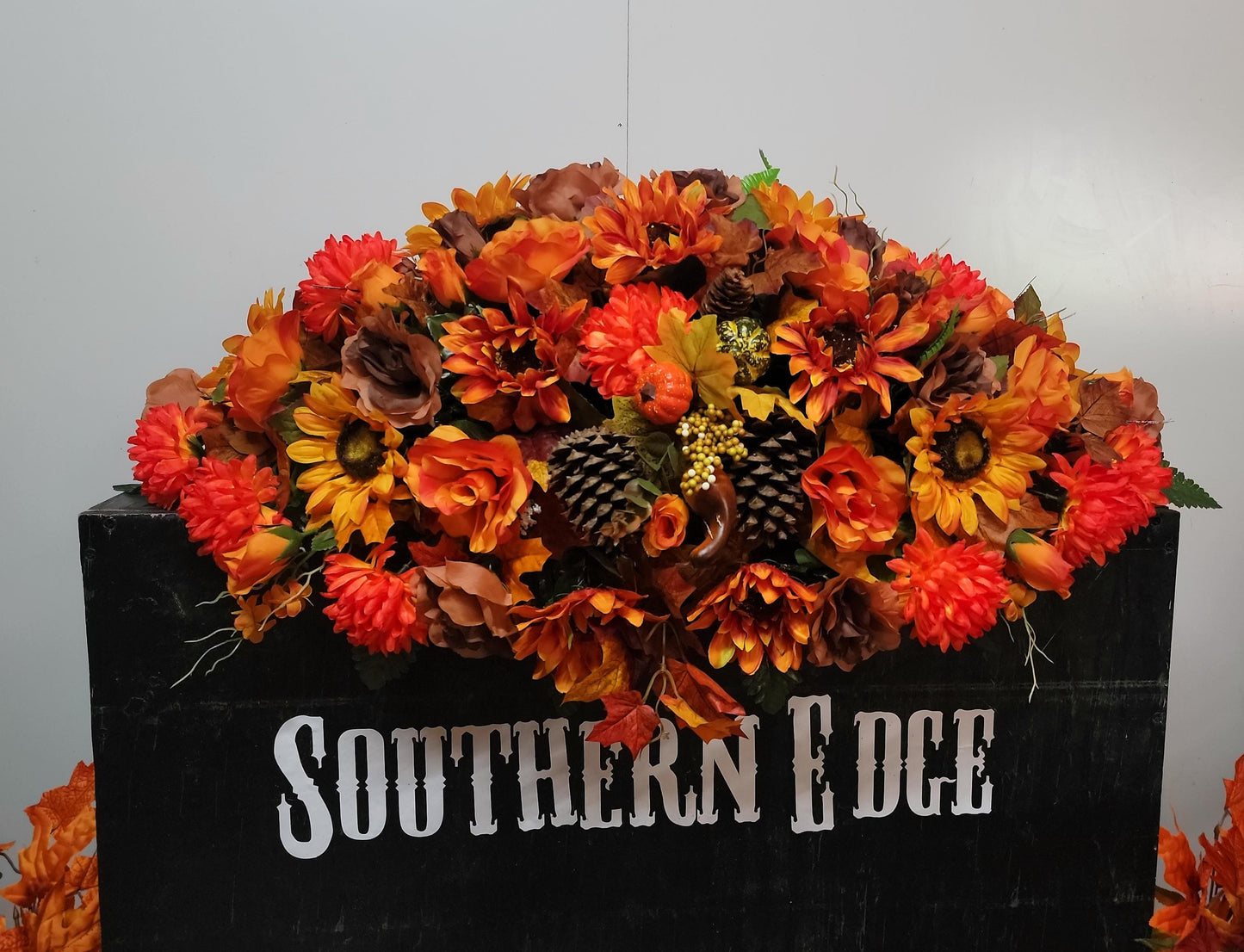 Fall Double Headstone Saddle, Orange and Brown Autumn Cemetery Flowers Saddle