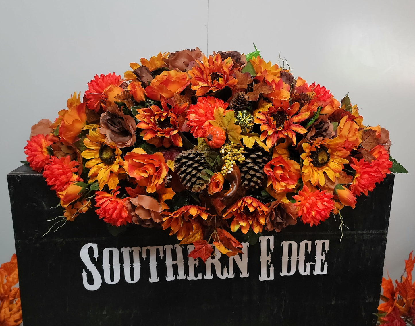 Fall Double Headstone Saddle, Orange and Brown Autumn Cemetery Flowers Saddle
