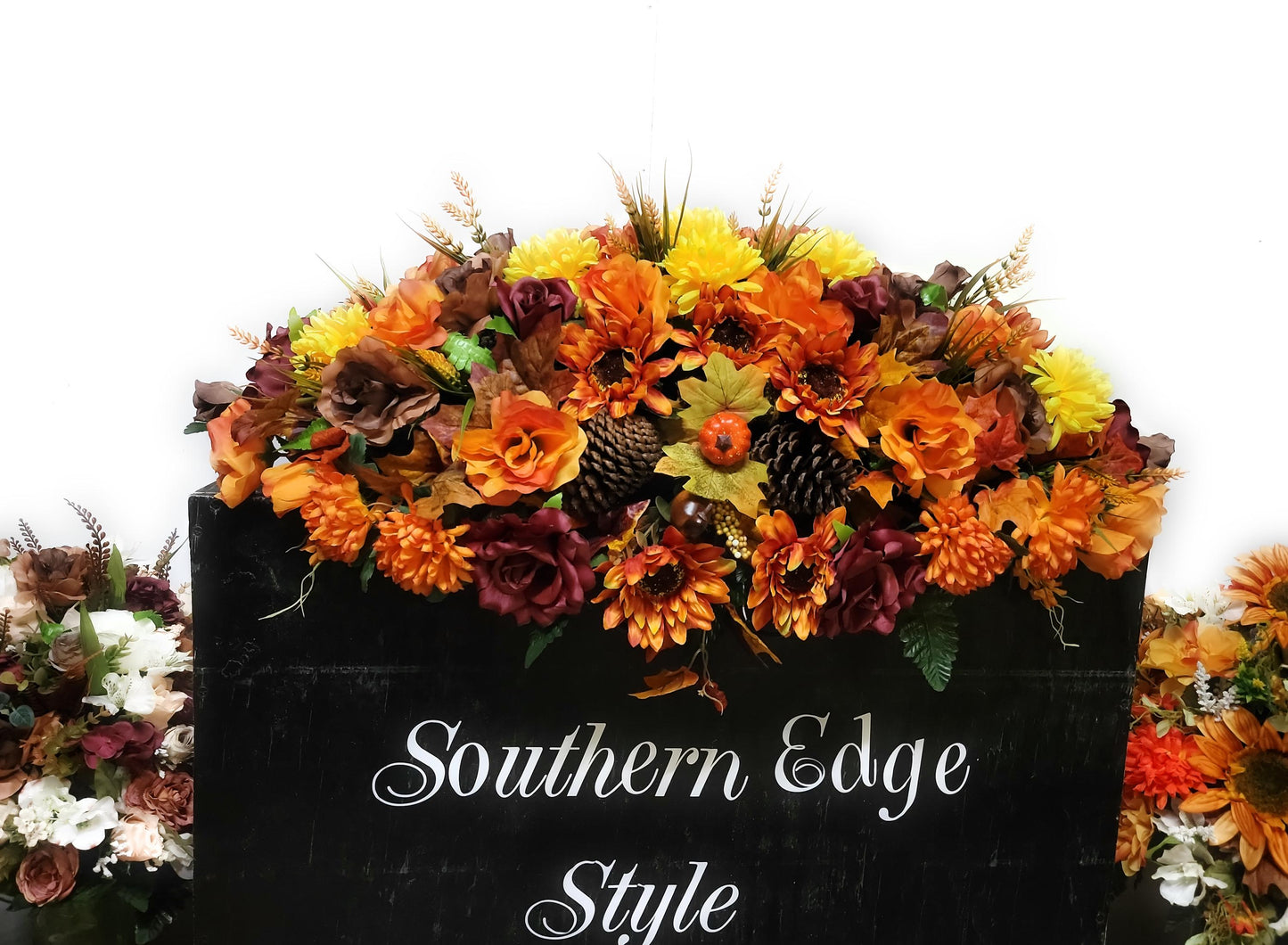Fall Double Headstone Saddle, Orange and Brown Autumn Cemetery Flowers Saddle