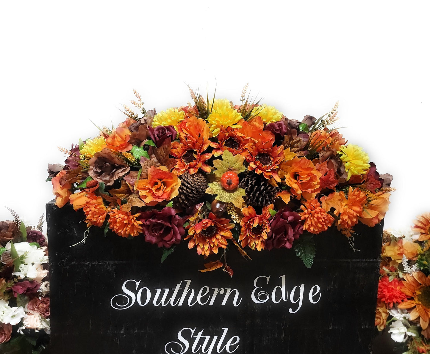 Fall Double Headstone Saddle, Orange and Brown Autumn Cemetery Flowers Saddle