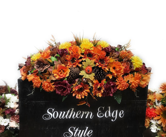Fall Double Headstone Saddle, Orange and Brown Autumn Cemetery Flowers Saddle