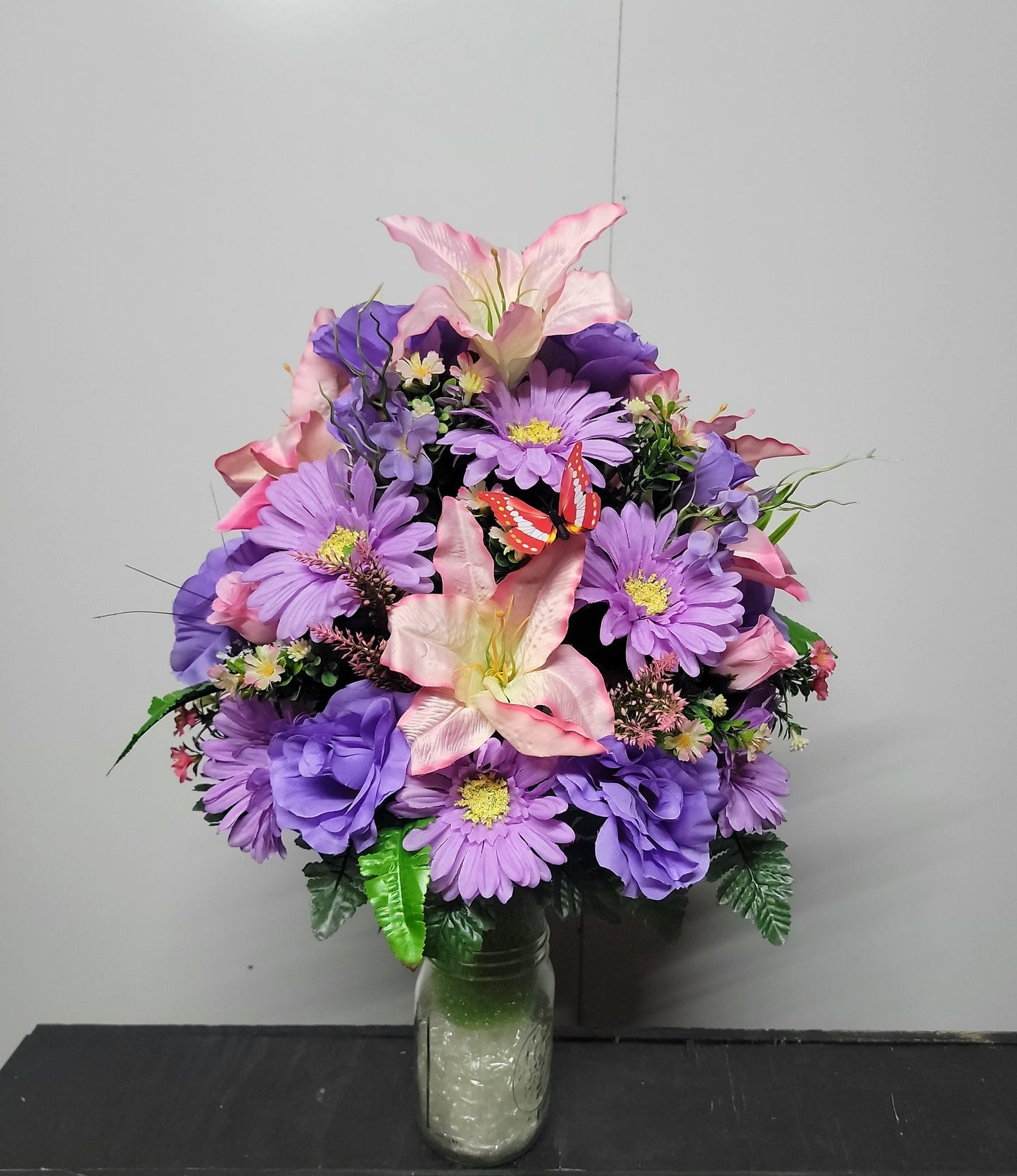 Cemetery Flowers Vase lavender Roses pink lilies,  Memorial Vase,  Grave Vase,  Cone Flowers Mother or Daughter cemetery