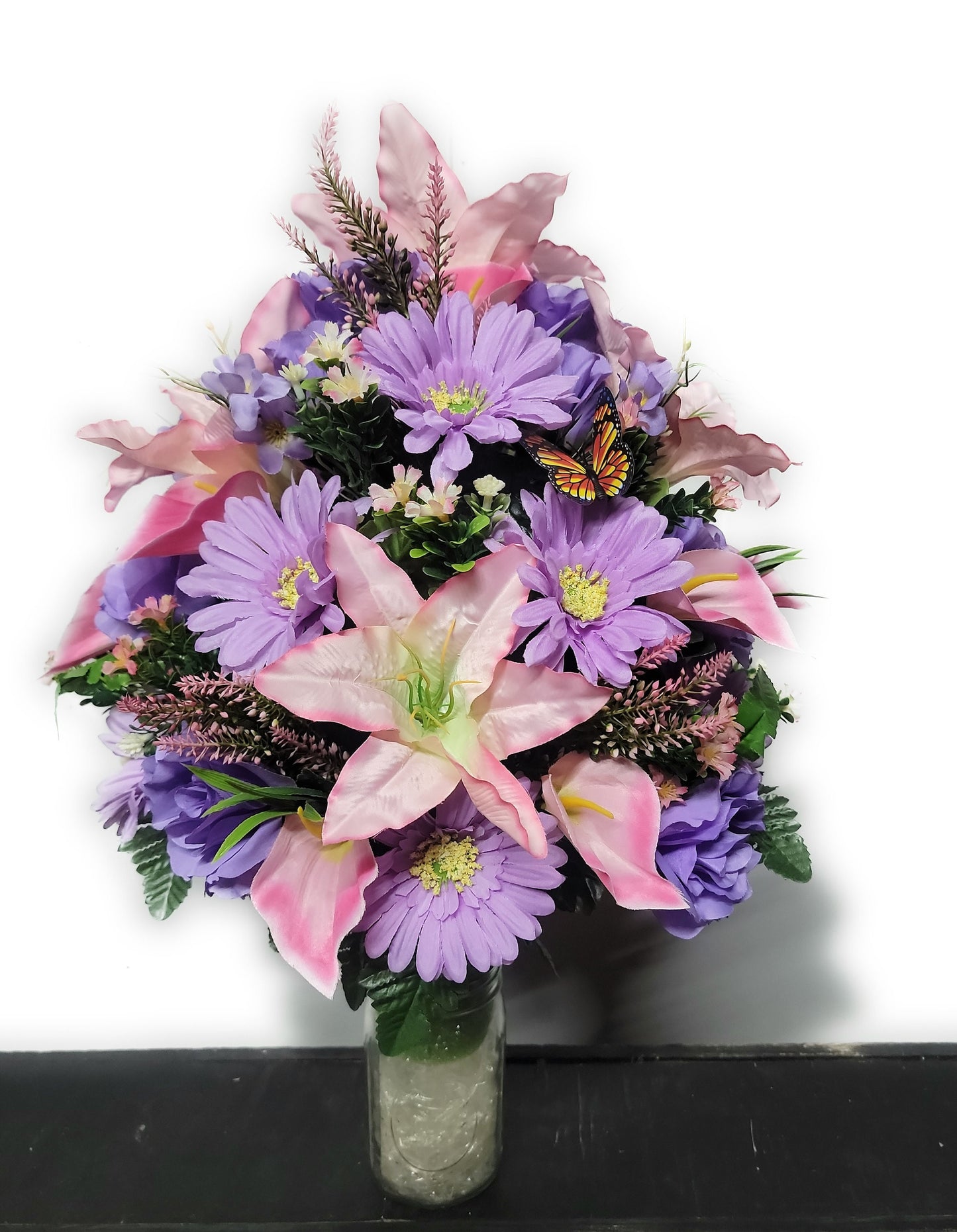 Cemetery Flowers Vase lavender Roses pink lilies,  Memorial Vase,  Grave Vase,  Cone Flowers Mother or Daughter cemetery