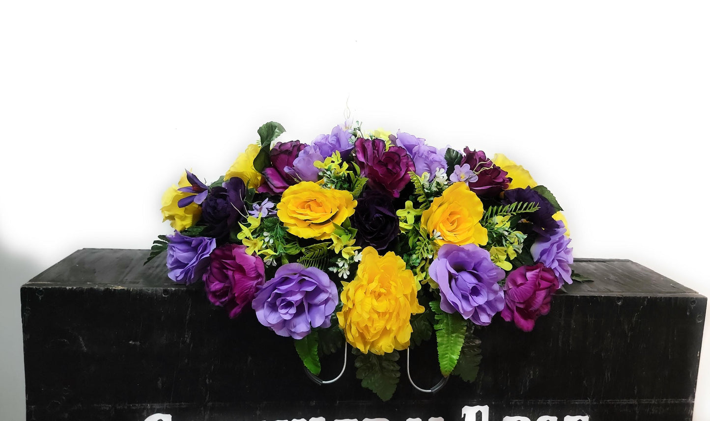 Cemetery Saddle by Southern Edge Style, Purple, lavender and yellow Cemetery Flowers for gravestone , Small headstone saddle flowers,