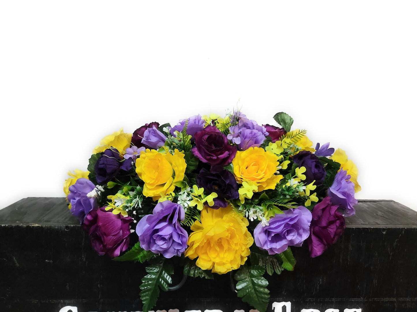 Cemetery Saddle by Southern Edge Style, Purple, lavender and yellow Cemetery Flowers for gravestone , Small headstone saddle flowers,