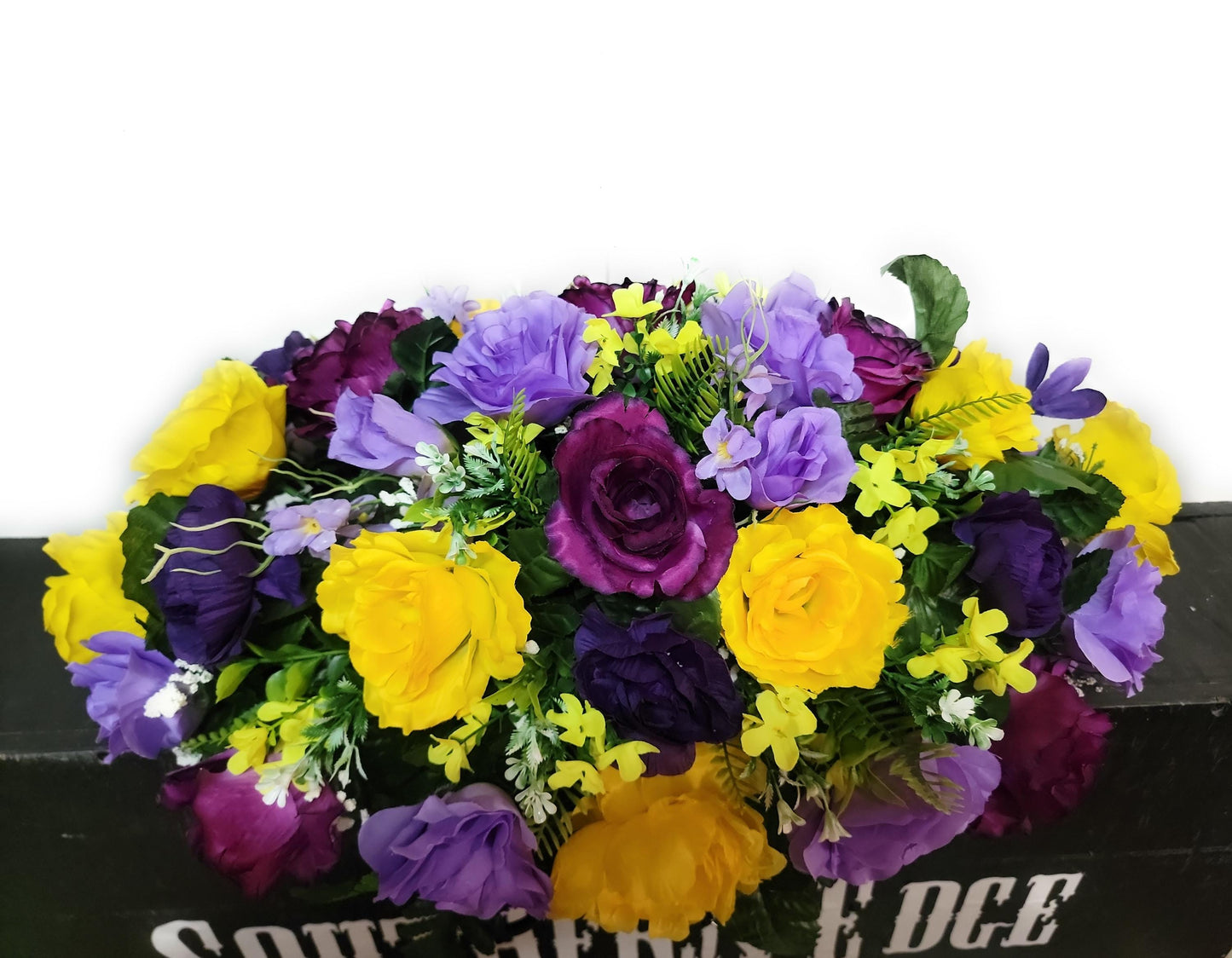 Cemetery Saddle by Southern Edge Style, Purple, lavender and yellow Cemetery Flowers for gravestone , Small headstone saddle flowers,