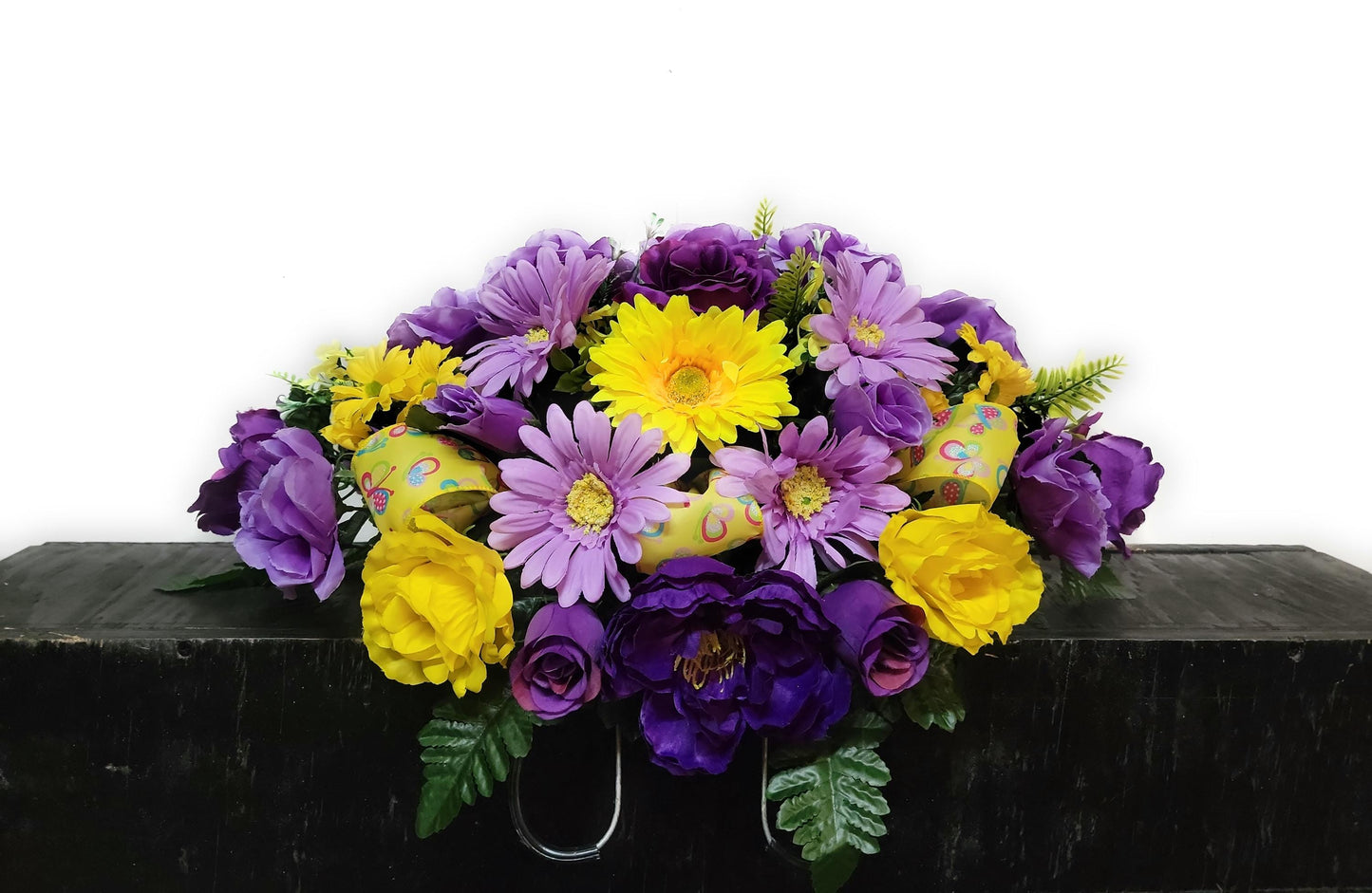 Small Cemetery Saddle by Southern Edge Style, Purple, lavender and yellow Cemetery Flowers for gravestone