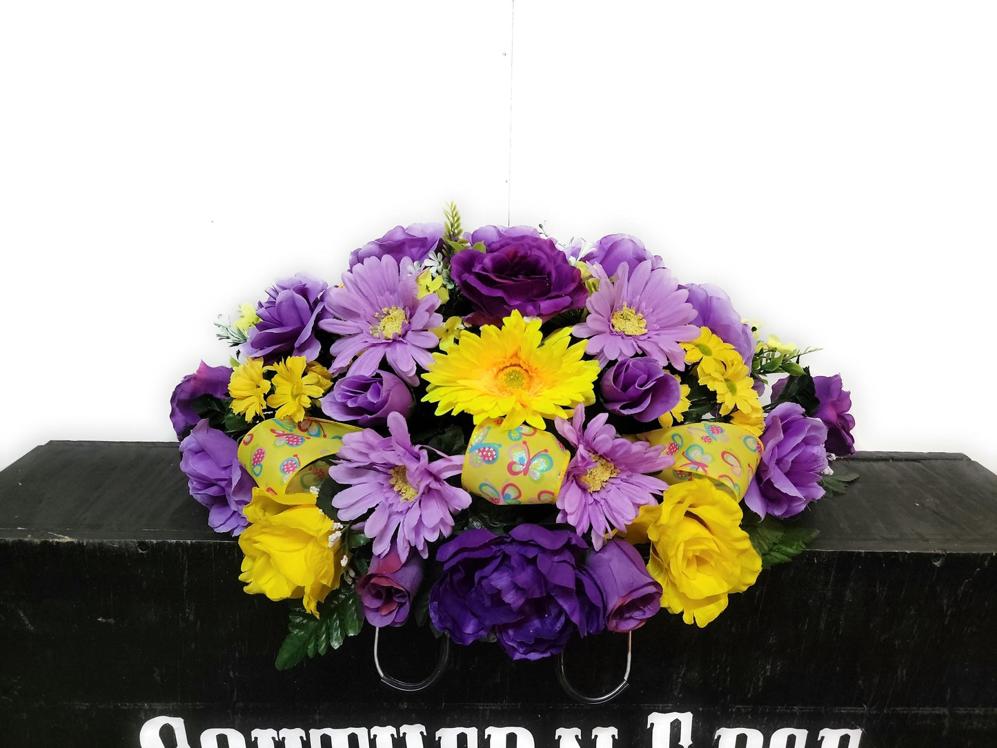 Small Cemetery Saddle by Southern Edge Style, Purple, lavender and yellow Cemetery Flowers for gravestone