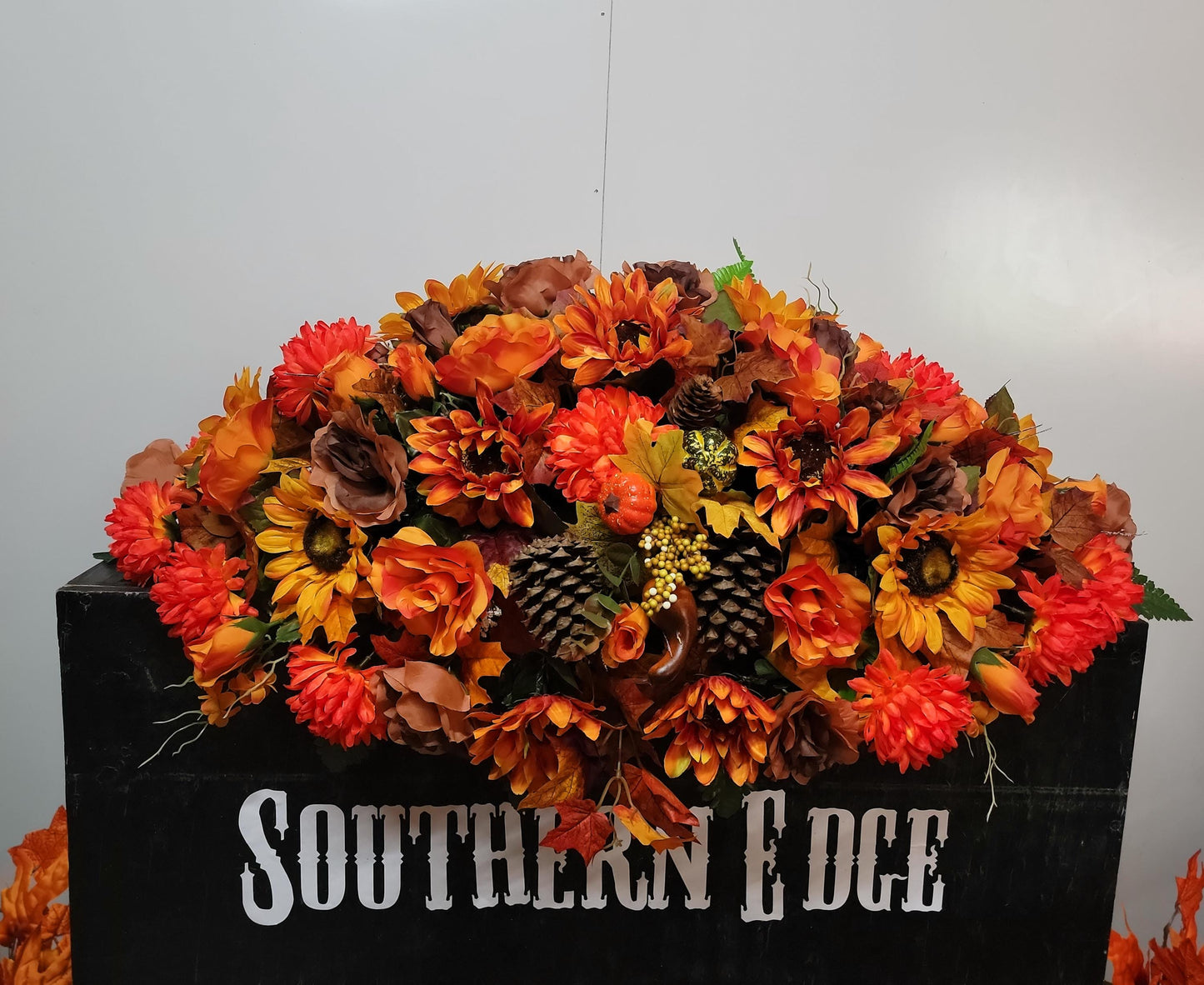 Fall Double Headstone Saddle, Orange and Brown Autumn Cemetery Flowers Saddle