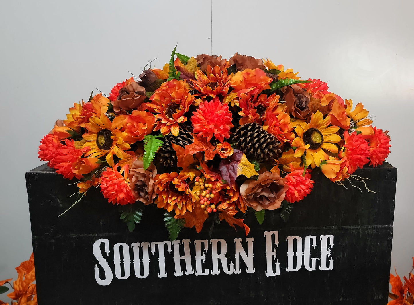 Fall Double Headstone Saddle, Orange and Brown Autumn Cemetery Flowers Saddle