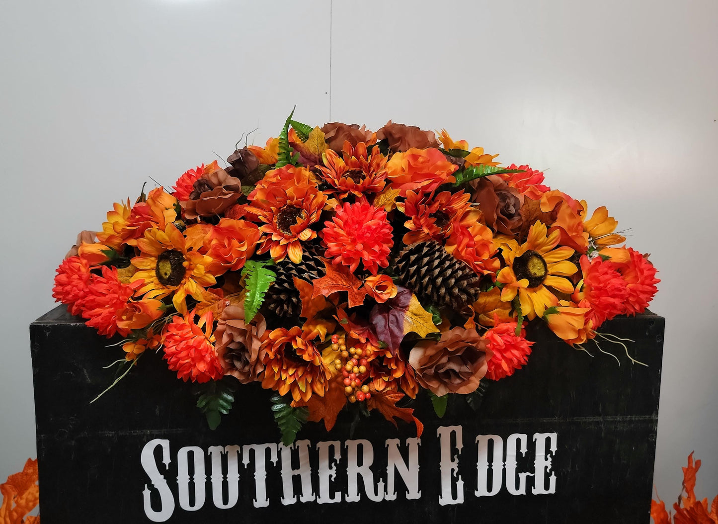 Fall Double Headstone Saddle, Orange and Brown Autumn Cemetery Flowers Saddle