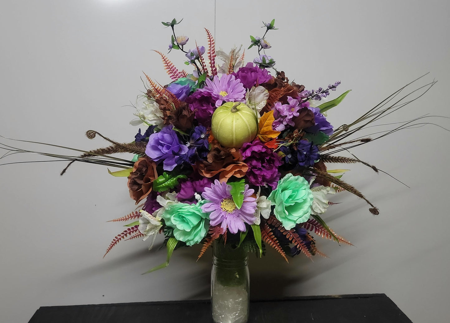Deluxe Autumn Cemetery Vase Arrangement,  Ready to Ship, Fall  Cemetery Flowers , Lavender, Mint Green