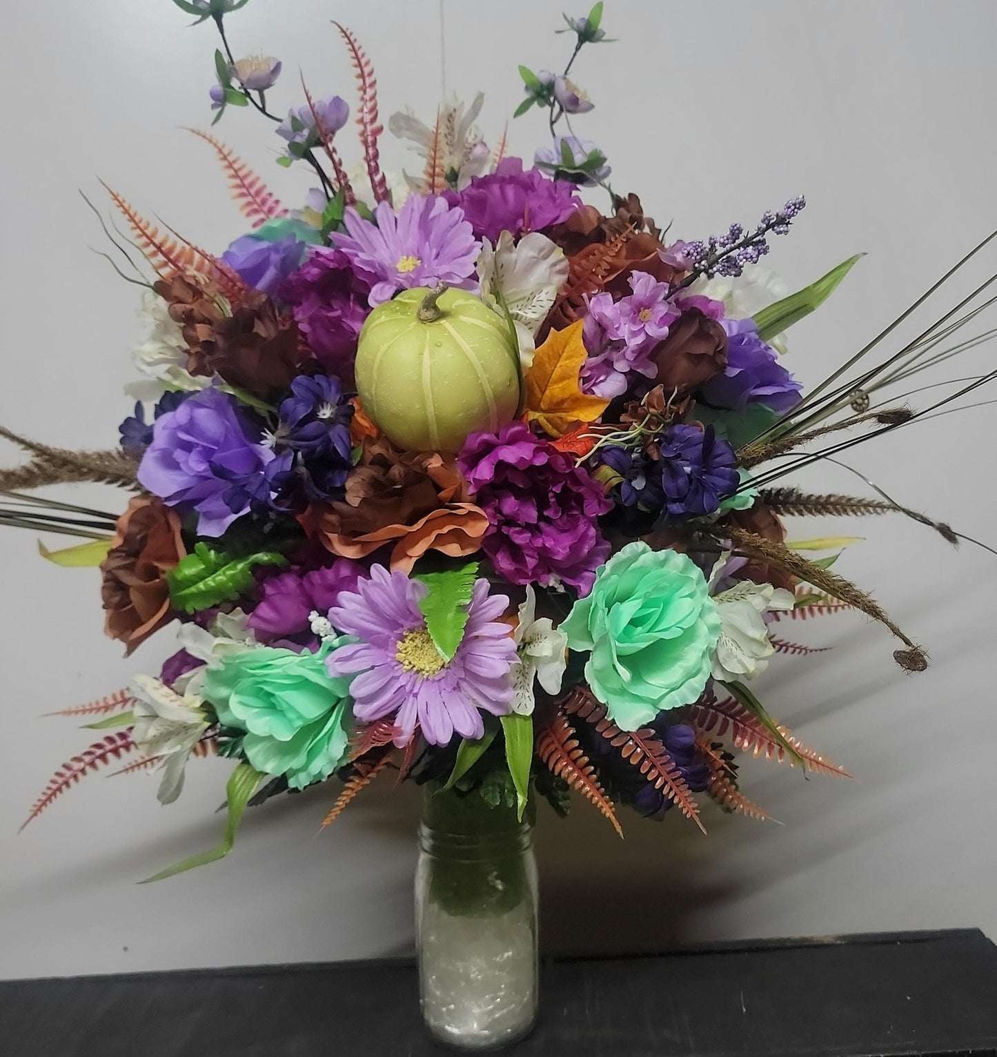 Deluxe Autumn Cemetery Vase Arrangement,  Ready to Ship, Fall  Cemetery Flowers , Lavender, Mint Green