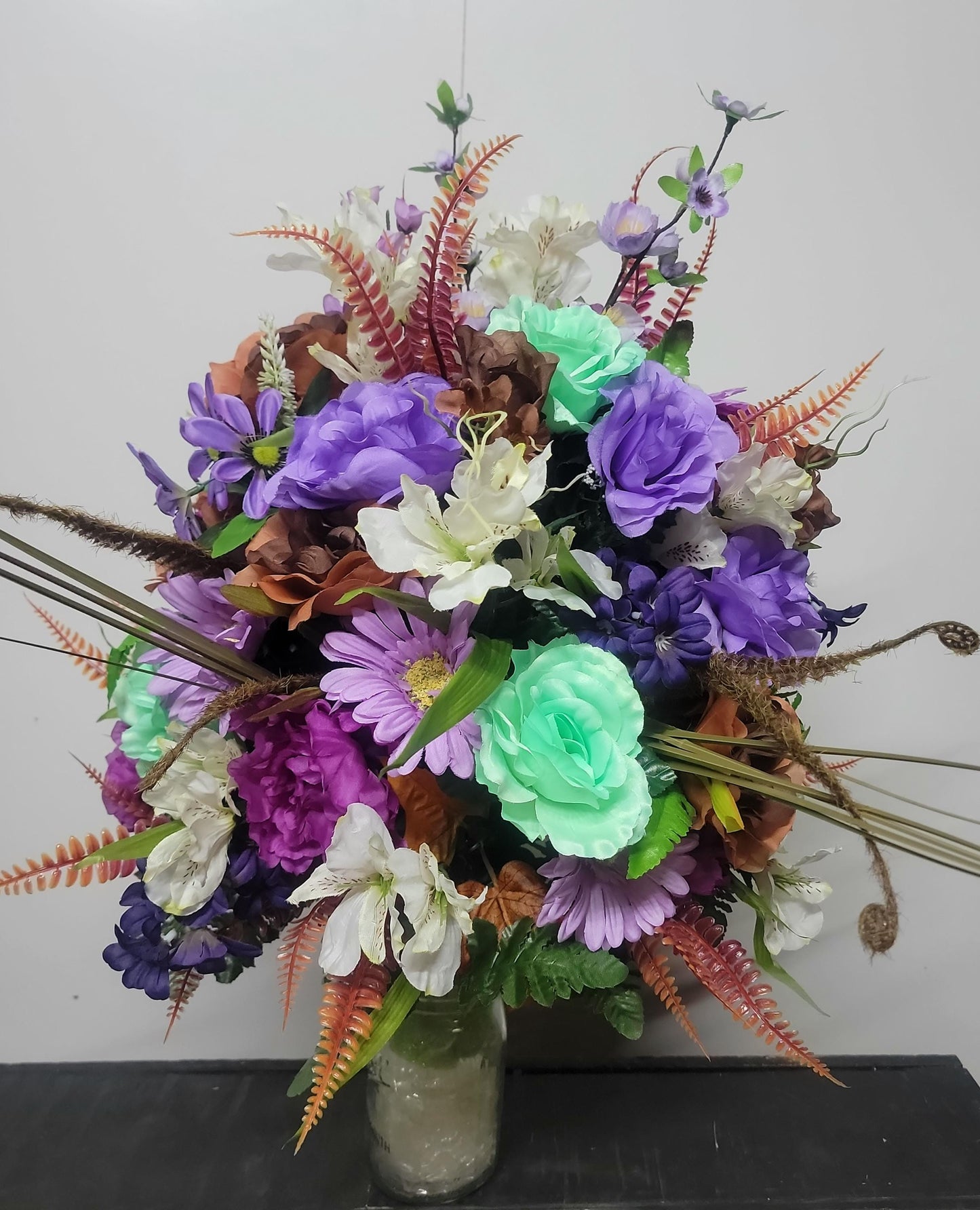 Deluxe Autumn Cemetery Vase Arrangement,  Ready to Ship, Fall  Cemetery Flowers , Lavender, Mint Green