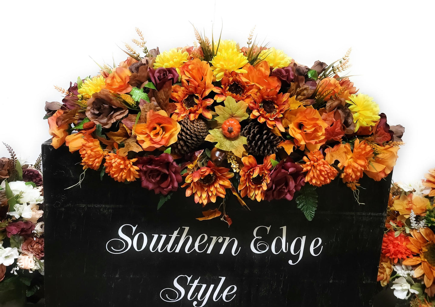 Fall Double Headstone Saddle, Orange and Brown Autumn Cemetery Flowers Saddle