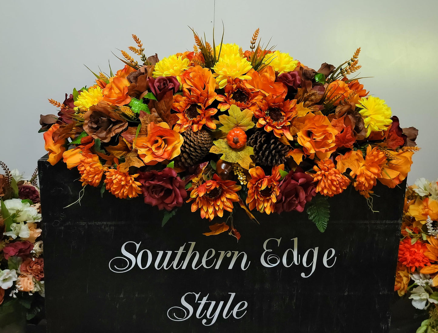 Fall Double Headstone Saddle, Orange and Brown Autumn Cemetery Flowers Saddle