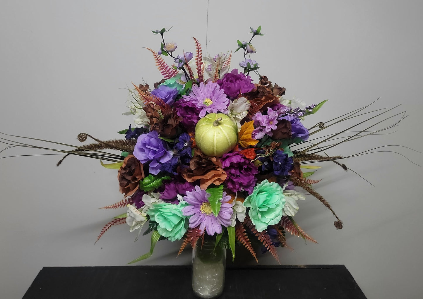 Deluxe Autumn Cemetery Vase Arrangement,  Ready to Ship, Fall  Cemetery Flowers , Lavender, Mint Green