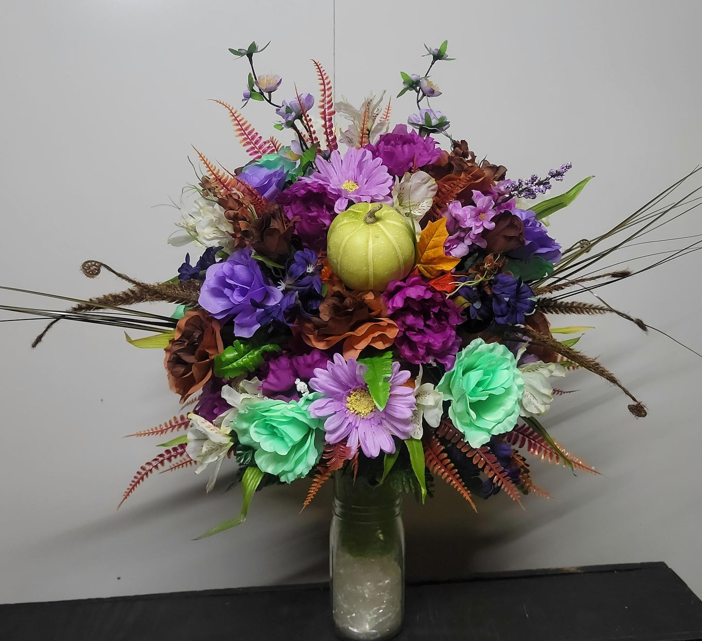 Deluxe Autumn Cemetery Vase Arrangement,  Ready to Ship, Fall  Cemetery Flowers , Lavender, Mint Green