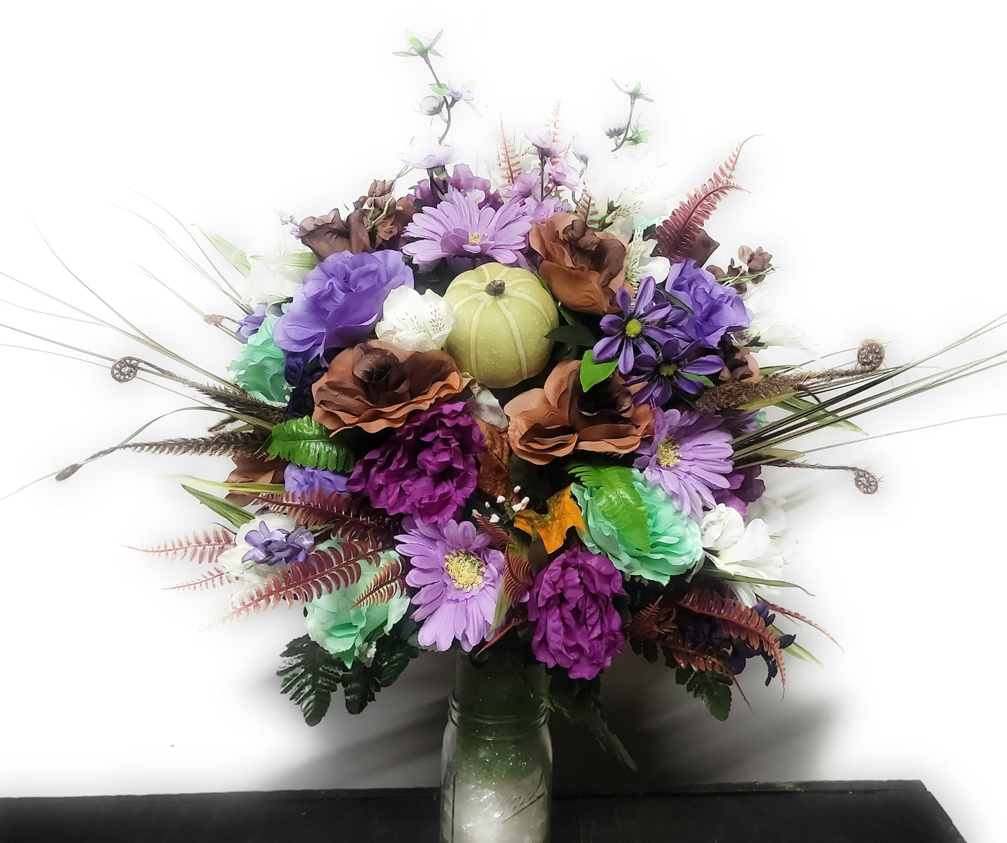 Deluxe Autumn Cemetery Vase Arrangement,  Ready to Ship, Fall  Cemetery Flowers , Lavender, Mint Green