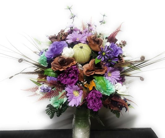 Deluxe Autumn Cemetery Vase Arrangement,  Ready to Ship, Fall  Cemetery Flowers , Lavender, Mint Green