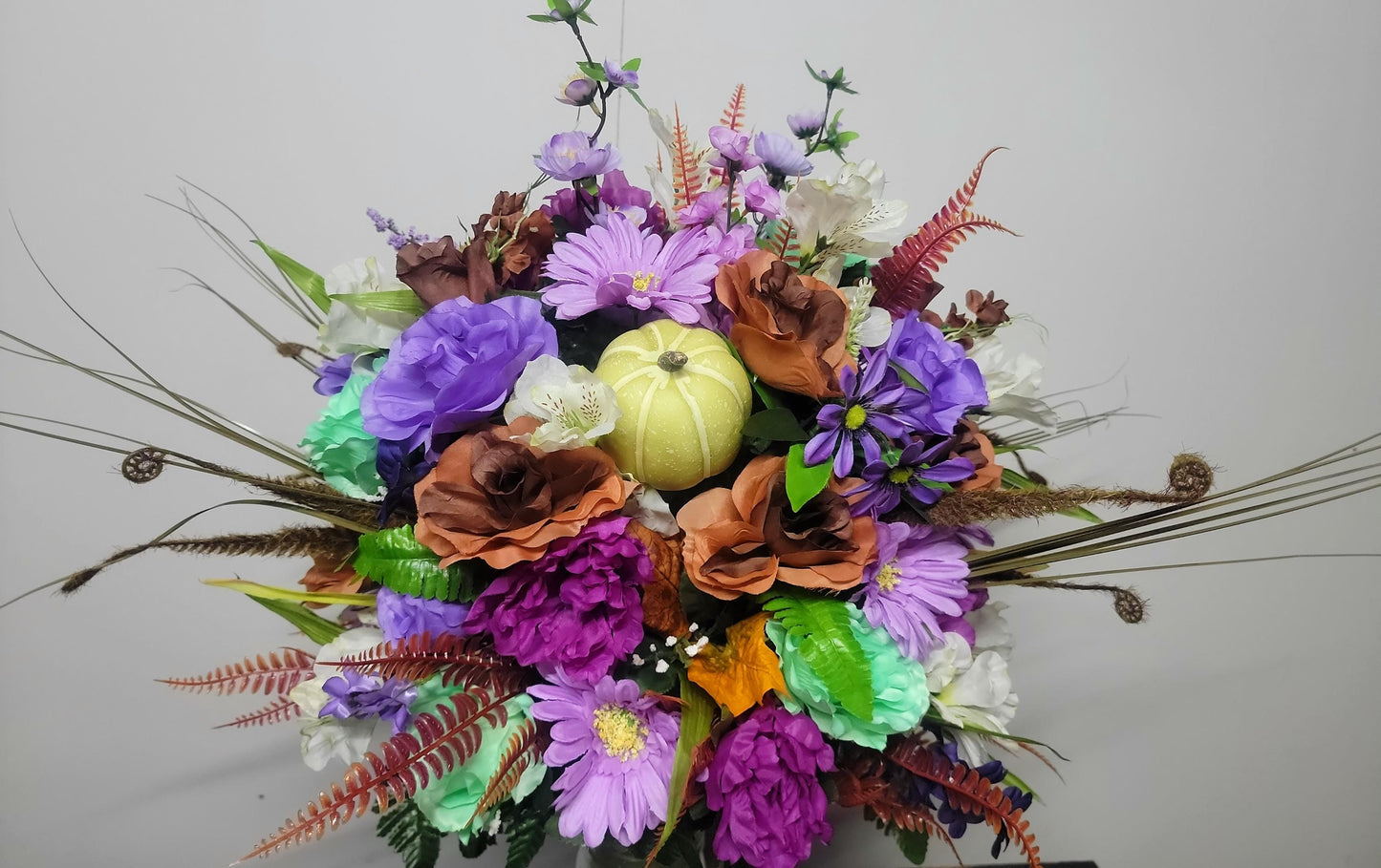 Deluxe Autumn Cemetery Vase Arrangement,  Ready to Ship, Fall  Cemetery Flowers , Lavender, Mint Green