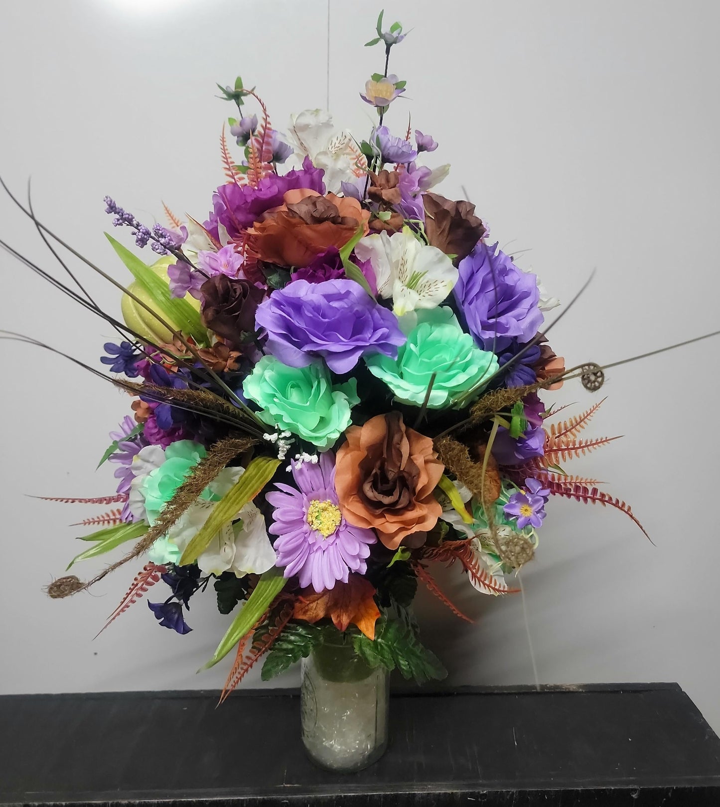 Deluxe Autumn Cemetery Vase Arrangement,  Ready to Ship, Fall  Cemetery Flowers , Lavender, Mint Green