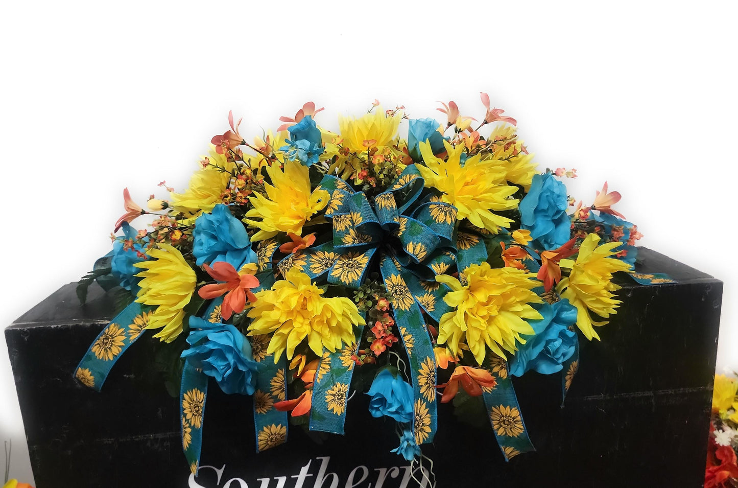 Ready to Ship Fall Cemetery Flowers saddle,  29" Fall Cemetery Saddle for a Headstone, Teal , yellow