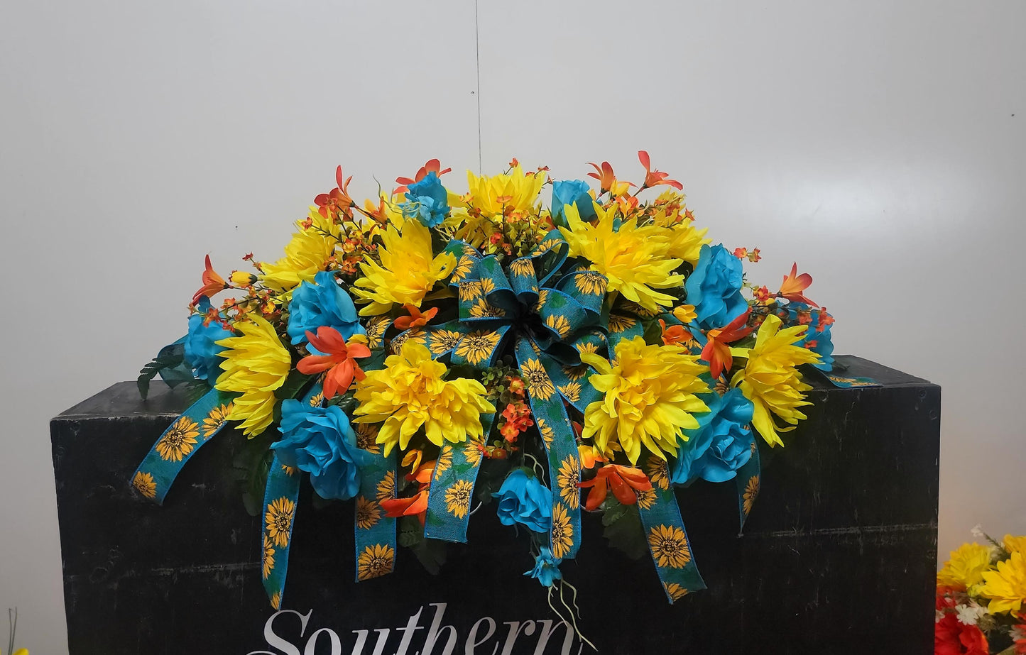 Ready to Ship Fall Cemetery Flowers saddle,  29" Fall Cemetery Saddle for a Headstone, Teal , yellow