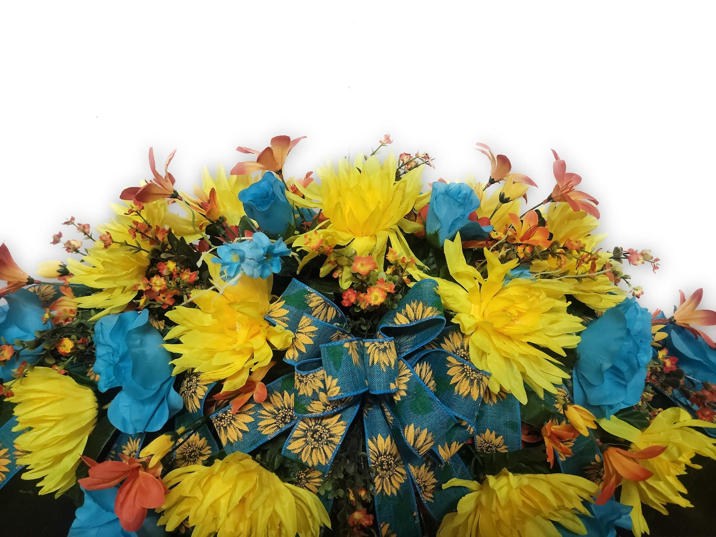Ready to Ship Fall Cemetery Flowers saddle,  29" Fall Cemetery Saddle for a Headstone, Teal , yellow