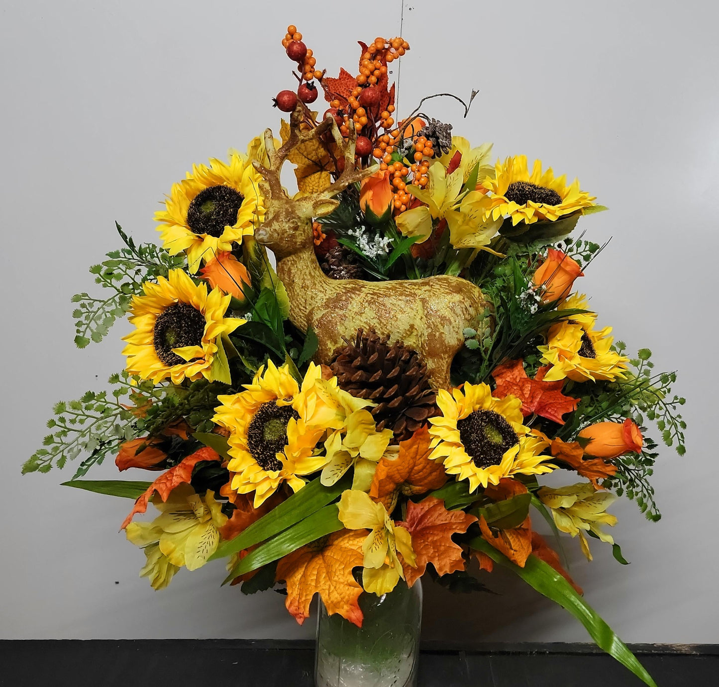 Autumn Cemetery Flowers for Vase, Nature Lover, Fall leaves, Deer Decor in center
