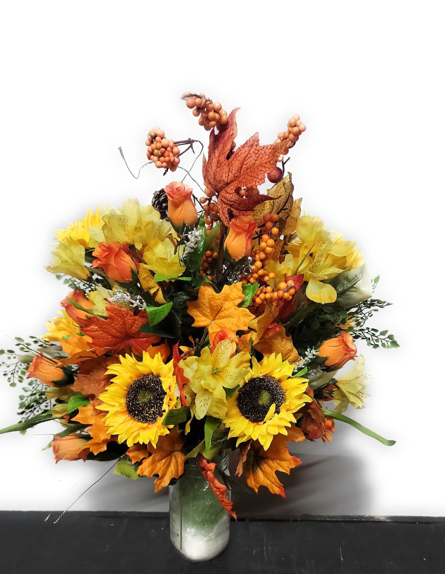 Autumn Cemetery Flowers for Vase, Nature Lover, Fall leaves, Deer Decor in center