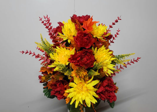 Cemetery Vase Flowers , Grave Vase Flowers, Red and Yellow Fall , Grave Vase Flowers