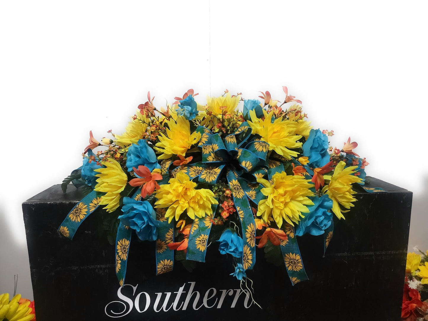 Ready to Ship Fall Cemetery Flowers saddle,  29" Fall Cemetery Saddle for a Headstone, Teal , yellow