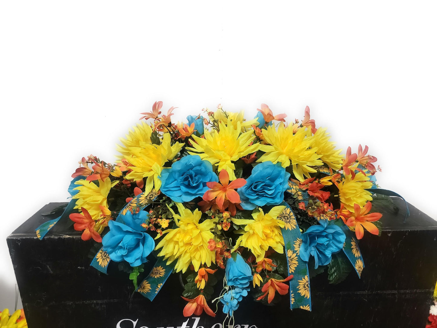 Ready to Ship Fall Cemetery Flowers saddle,  29" Fall Cemetery Saddle for a Headstone, Teal , yellow