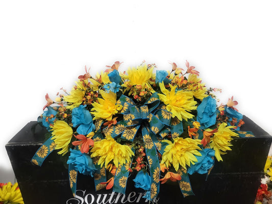 Ready to Ship Fall Cemetery Flowers saddle,  29" Fall Cemetery Saddle for a Headstone, Teal , yellow