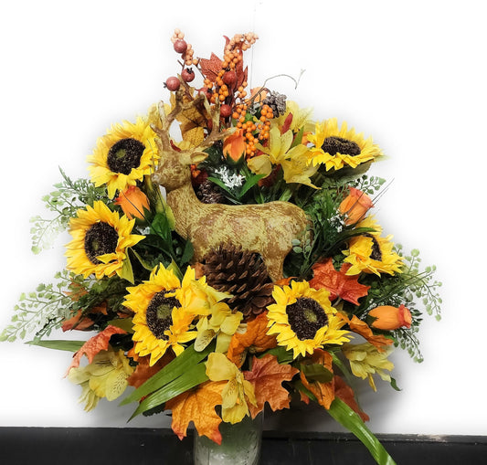 Autumn Cemetery Flowers for Vase, Nature Lover, Fall leaves, Deer Decor in center