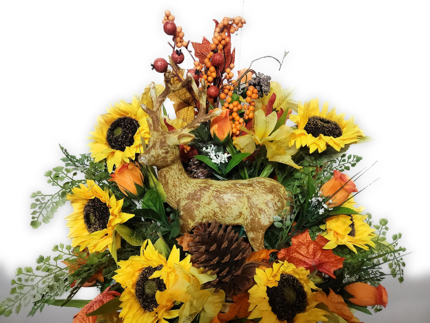 Autumn Cemetery Flowers for Vase, Nature Lover, Fall leaves, Deer Decor in center
