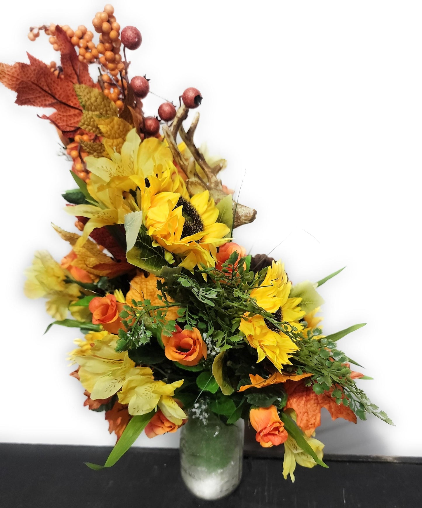 Autumn Cemetery Flowers for Vase, Nature Lover, Fall leaves, Deer Decor in center