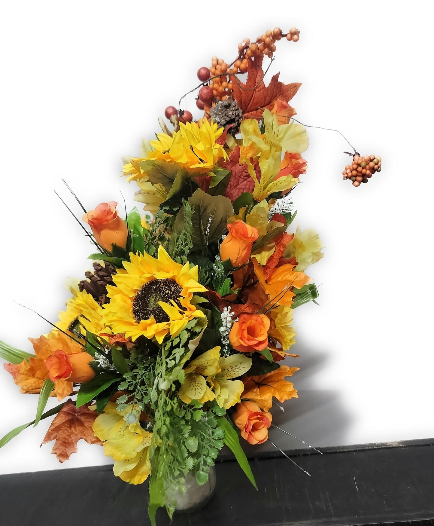 Autumn Cemetery Flowers for Vase, Nature Lover, Fall leaves, Deer Decor in center