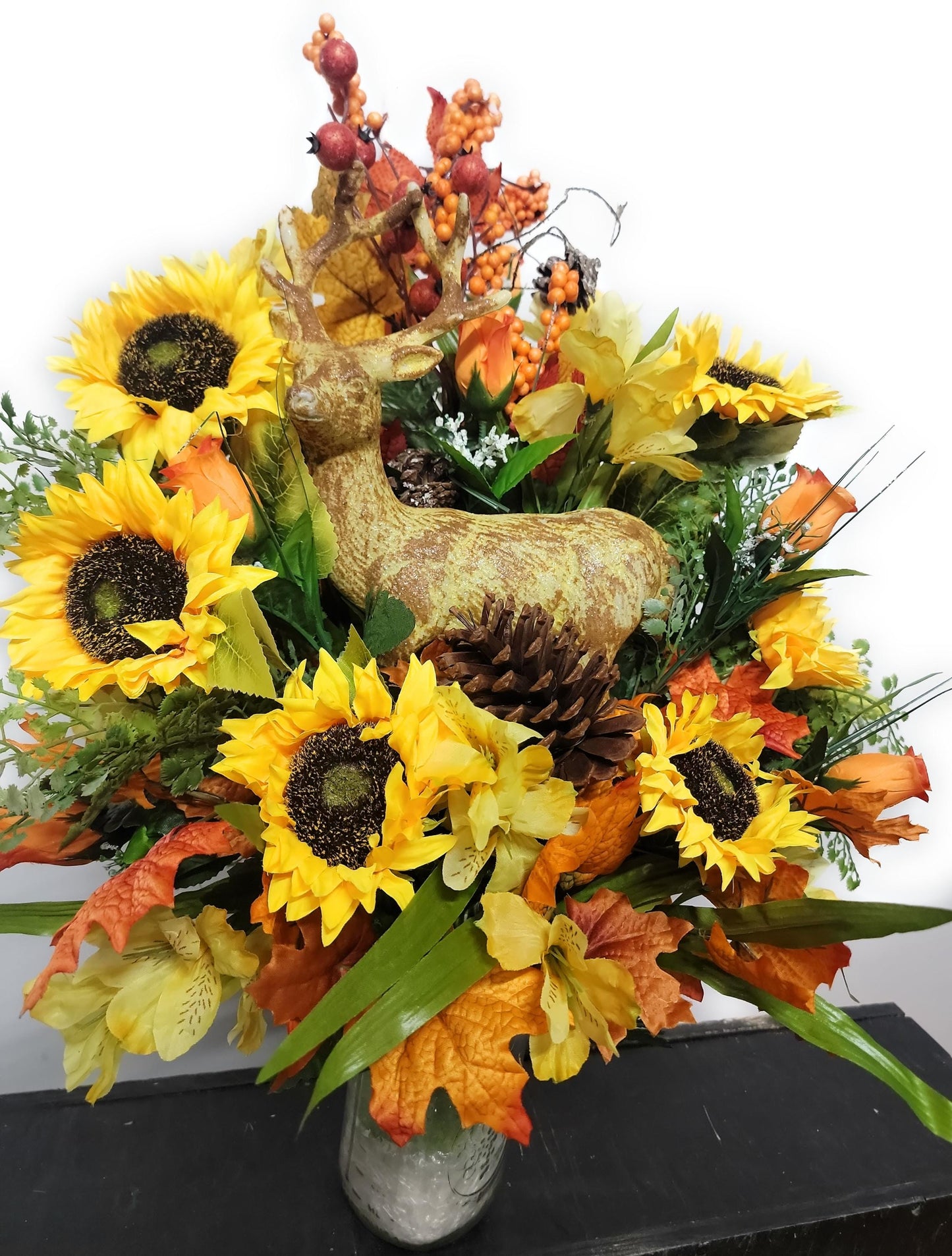 Autumn Cemetery Flowers for Vase, Nature Lover, Fall leaves, Deer Decor in center
