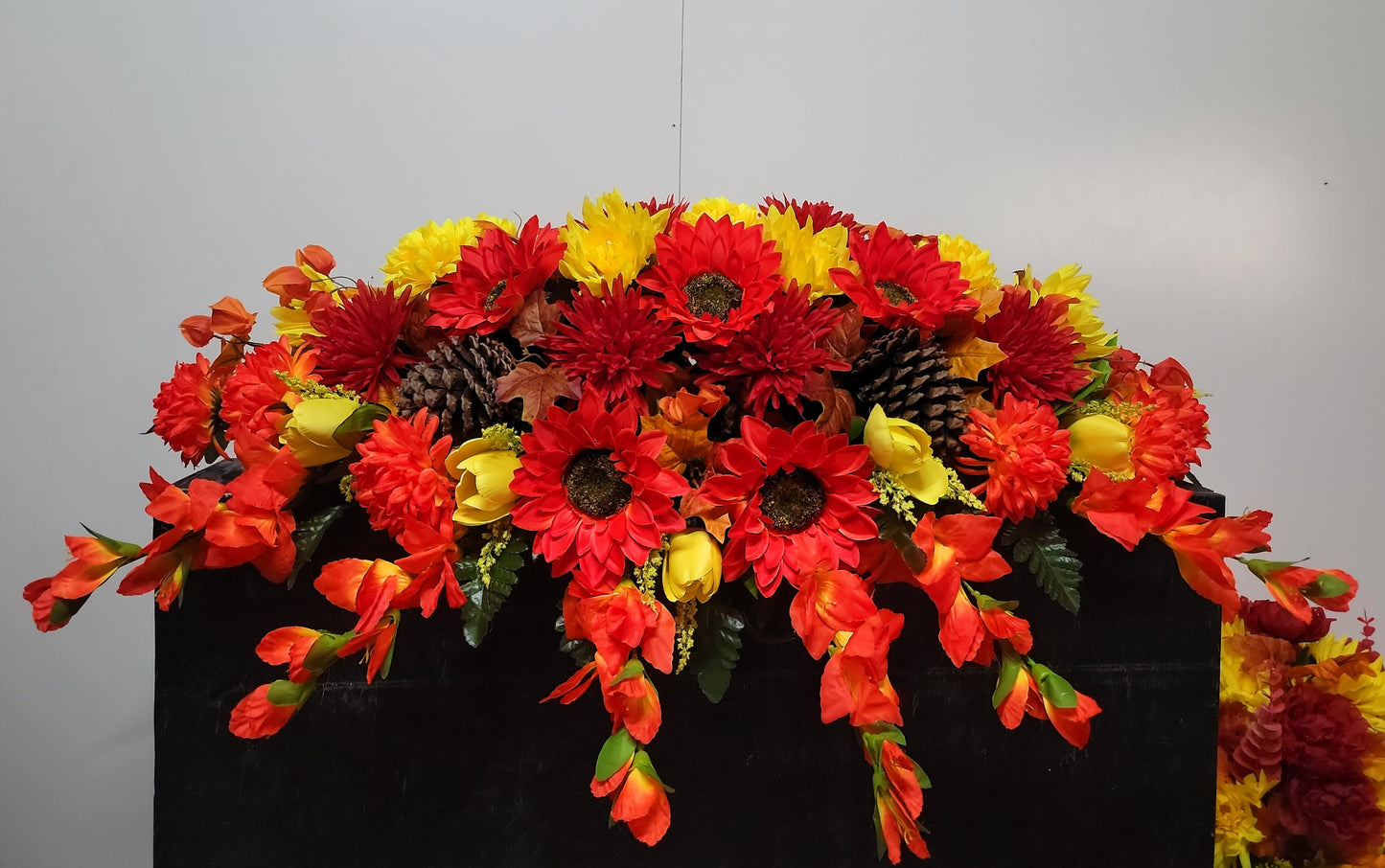 Bright Orange Headstone Saddle,  (36 inches long), Large Grave Saddle, Cemetery Flowers