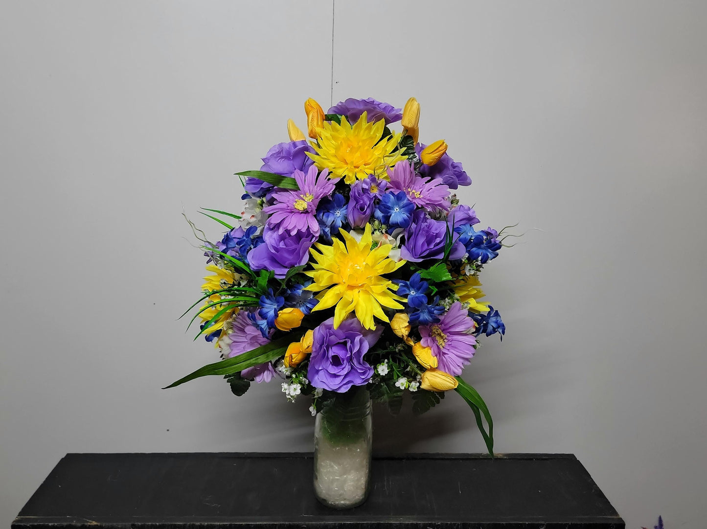 Sunset Cemetery Flowers Cone for 3-inch Grave Vase Full and Large Arrangement yellow blue lavender Cemetery Vase Flowers