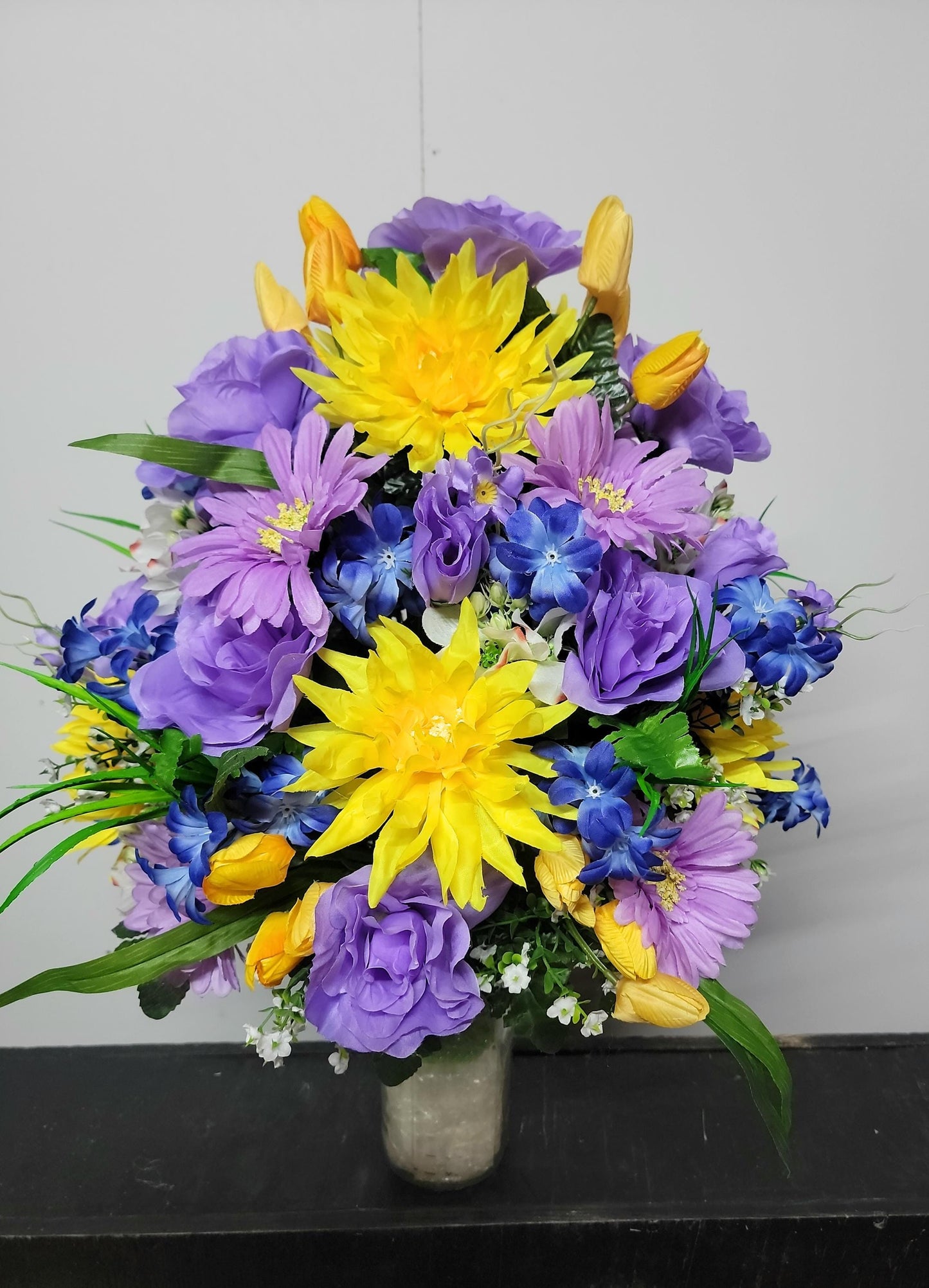 Sunset Cemetery Flowers Cone for 3-inch Grave Vase Full and Large Arrangement yellow blue lavender Cemetery Vase Flowers