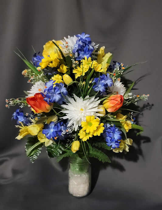 You are my Sunshine Cemetery Flowers Cone for 3-inch Grave Vase blue yellow orange Cemetery Vase Flower Spring Cemetery Flowers