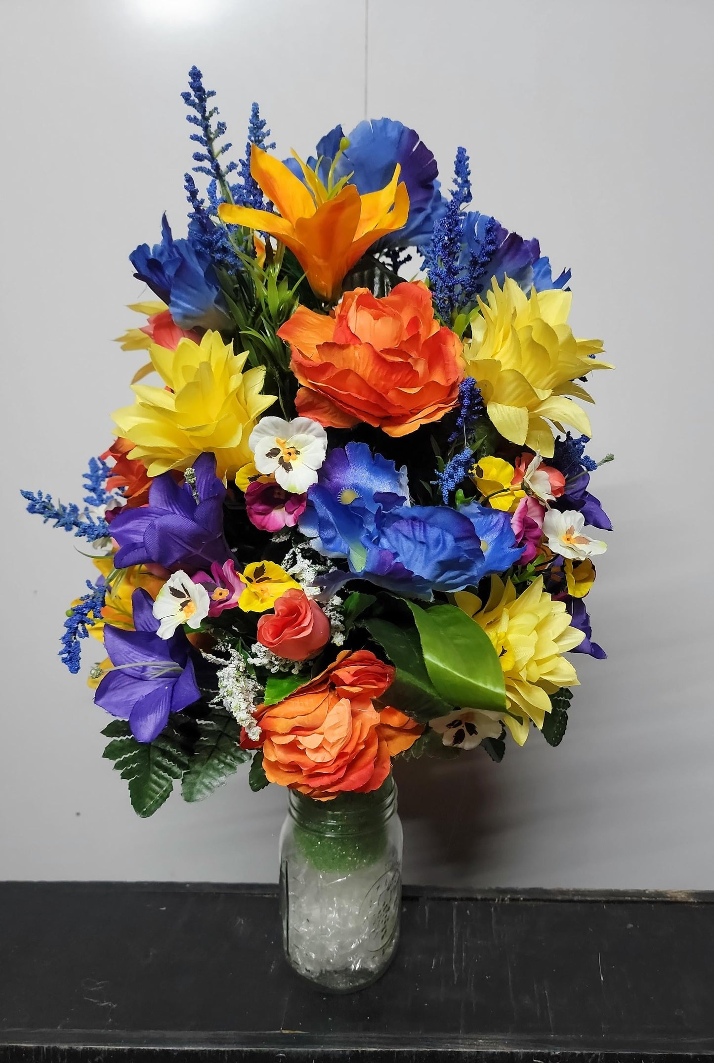Tropical  Cemetery Flowers Cone for 3-inch Grave Vase Full and Large Arrangement yellow blue orange Cemetery Vase Flowers