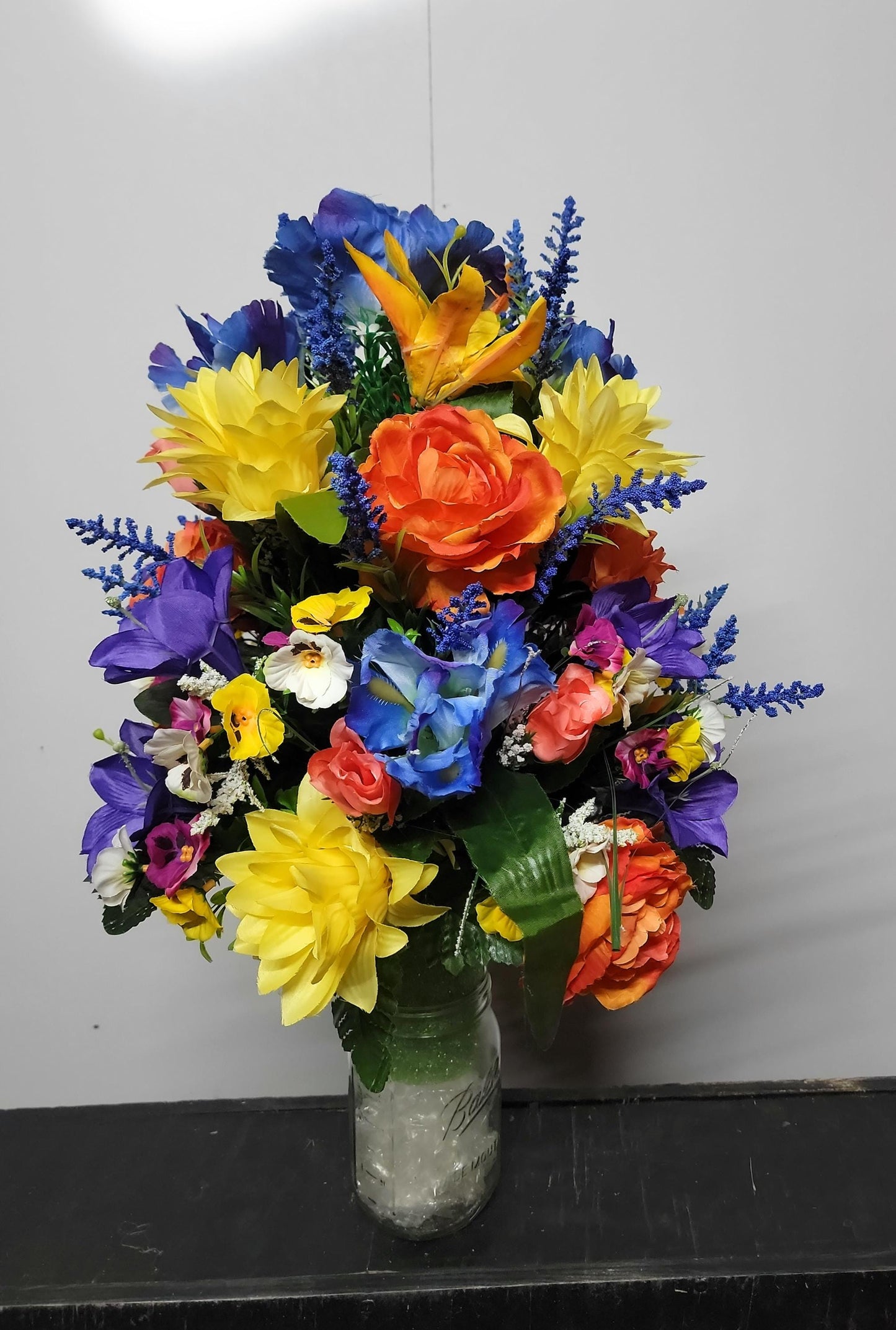 Tropical  Cemetery Flowers Cone for 3-inch Grave Vase Full and Large Arrangement yellow blue orange Cemetery Vase Flowers