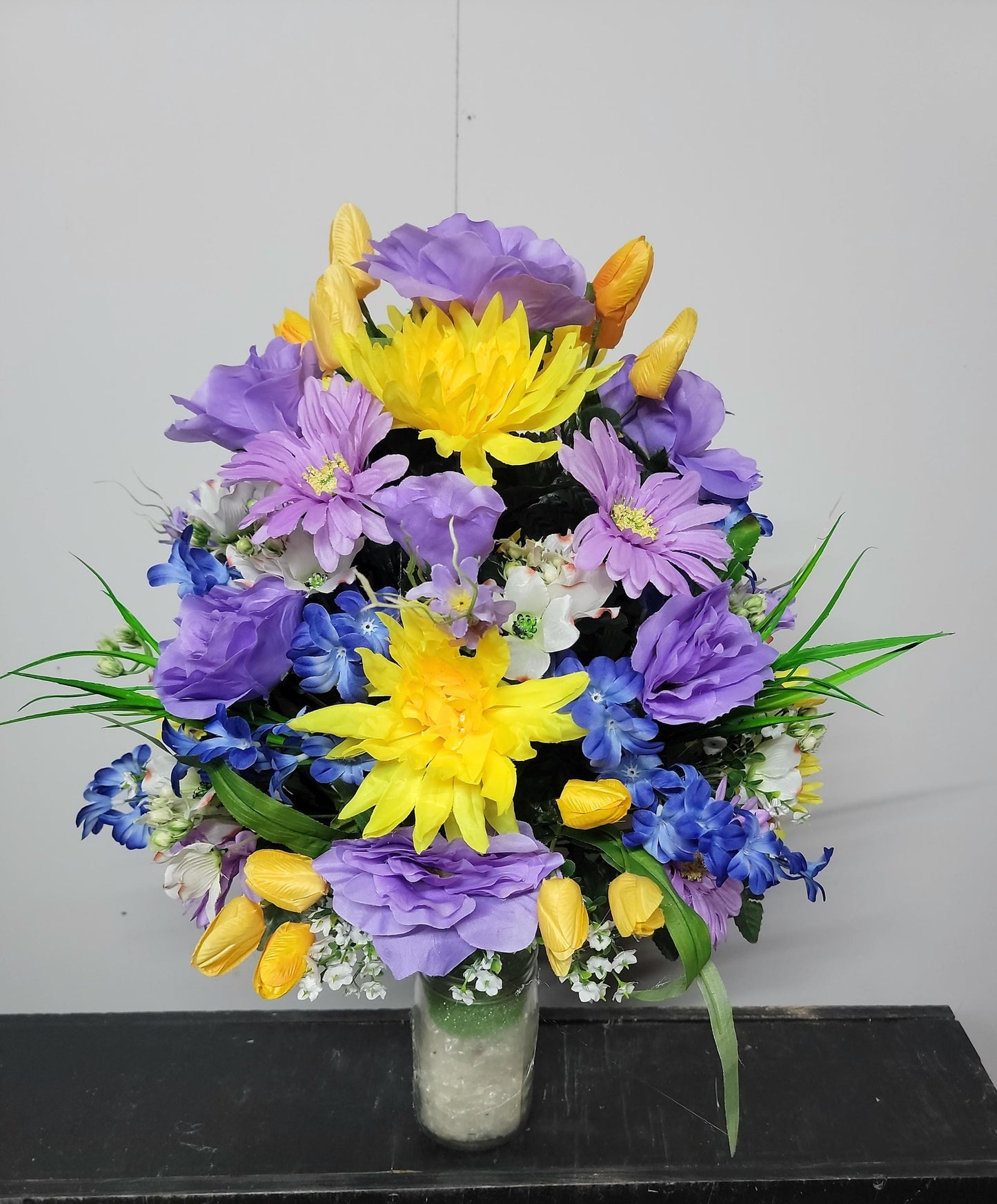 Sunset Cemetery Flowers Cone for 3-inch Grave Vase Full and Large Arrangement yellow blue lavender Cemetery Vase Flowers
