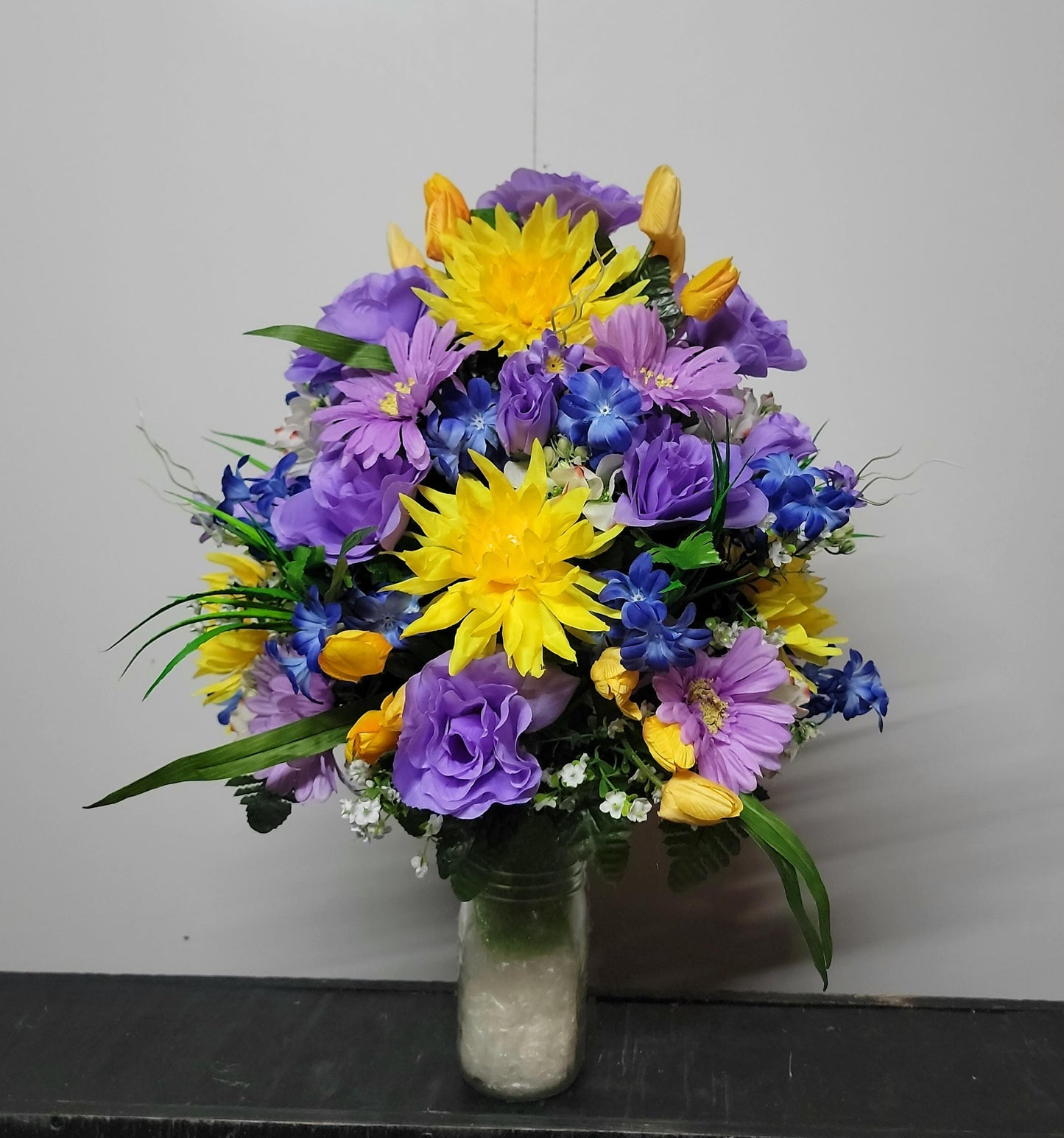 Sunset Cemetery Flowers Cone for 3-inch Grave Vase Full and Large Arrangement yellow blue lavender Cemetery Vase Flowers